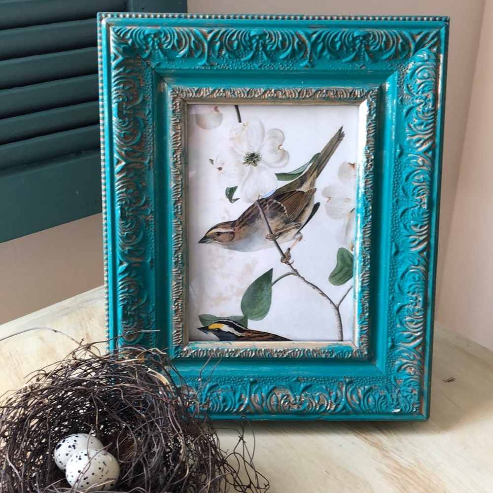 Turquoise 5 by 7 frame and handmade bird nest